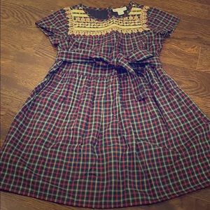 Jcrew plaid dress with gold embroidery, Size 5